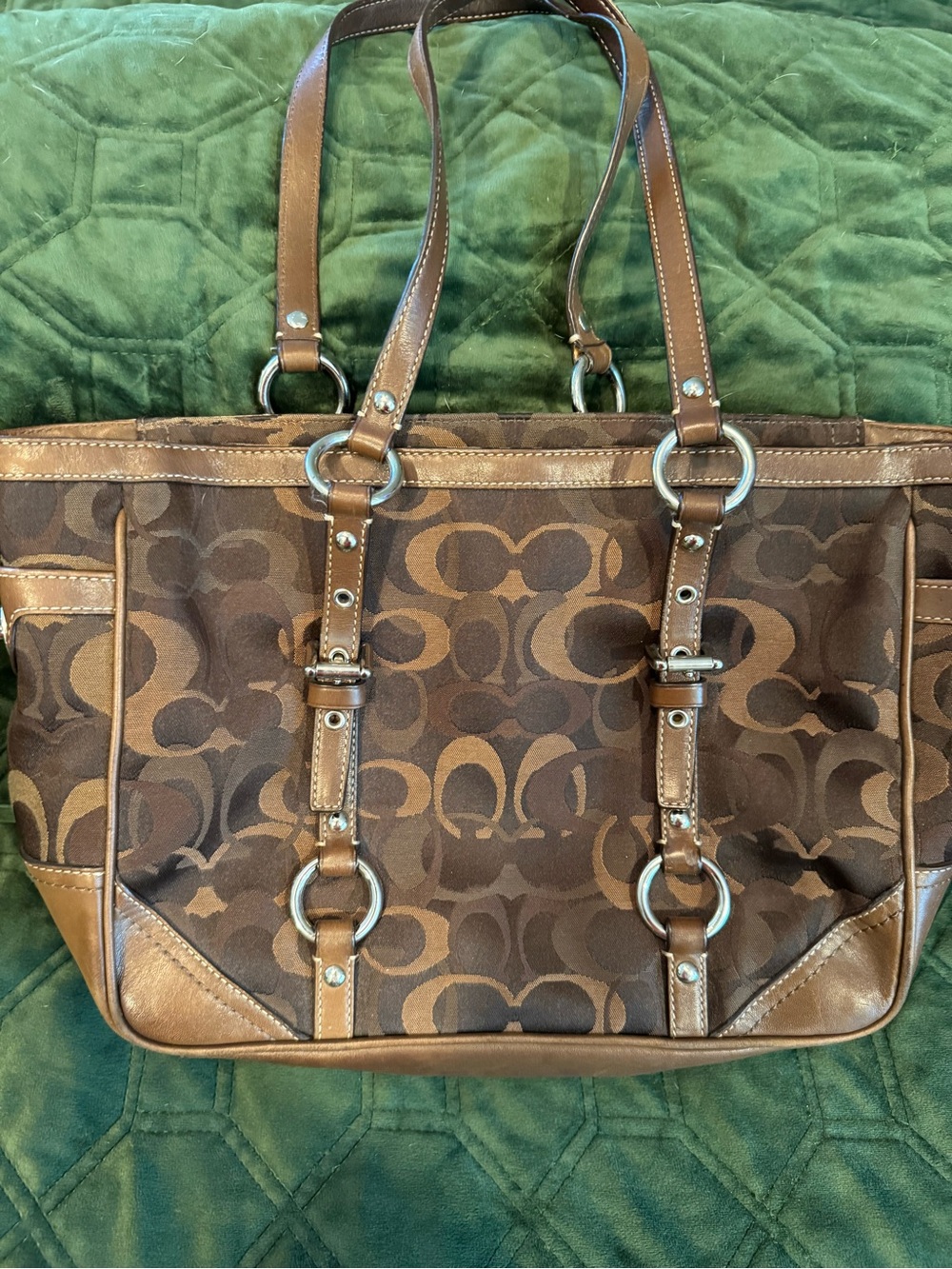 Coach Brown Monogram Tote with Tan Leather Trim